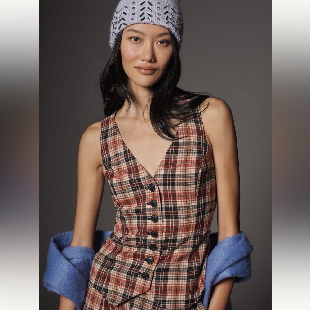 Anthropologie Hasley Sparkle Plaid slim fit button vest NWT Small